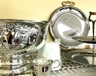 Silver plate and stainless steel serving pieces 