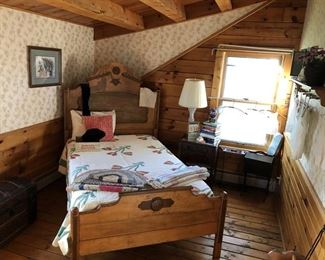 Beautiful Eastlake Styling 3/4 bed, rag rugs,  Antique sewing basket back in the right corner too!   Lighting is difficult in this log home - please be patient as we experiment with photos taken at different times of the day!