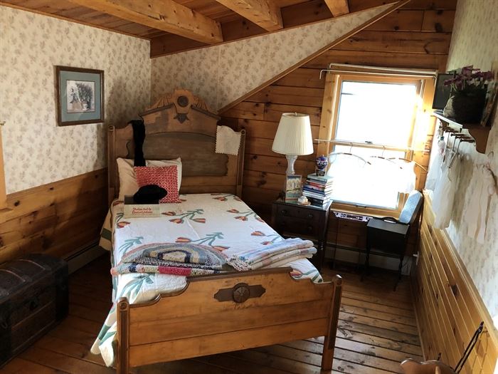Beautiful Eastlake Styling 3/4 bed, rag rugs,  Antique sewing basket back in the right corner too!   Lighting is difficult in this log home - please be patient as we experiment with photos taken at different times of the day!