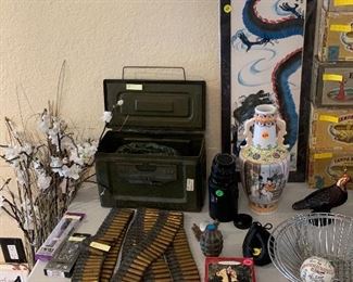 M1 machine gun belt, ww2 ammo box with spent shells, real vintage Richmond foundry company training grenade.
