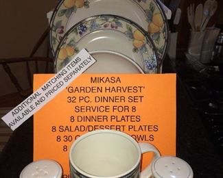 Mikasa Garden Harvest 32 pc. dinner set service for 8.  Also have an additional service for 4 plus more extra individual pieces and lots of serving dishes.
