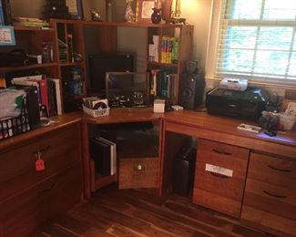 office/computer desk with office supplies, canon copier, paper shredder and more.
