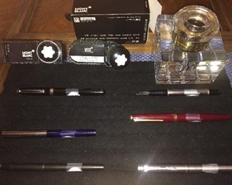 Fountain pens and ink.  Sheaffer white dot X 2, Cross, Waterman, Mont Blanc.  Levenger crystal ink well
