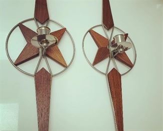 Vintage wood and metal wall sconces / candle holders 