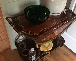 Tea cart, vintage green punch bowl with cups