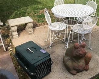 Patio set, concrete bench, frog planter, pet carrier