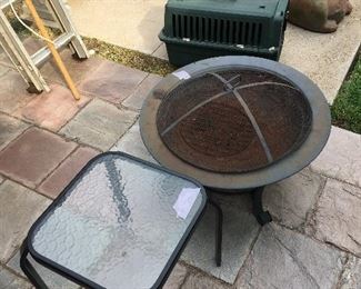 Fire pit, aluminum ladder, small table 