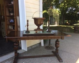 English Oak Carved Trestle Table 