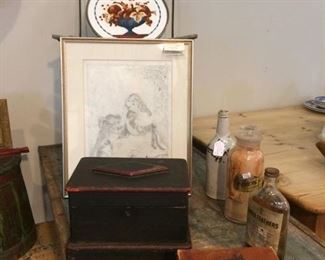 Antique wedding table, art, antique bottles and boxes