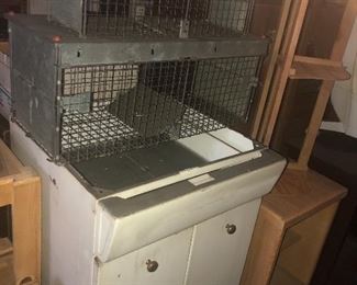 vintage animal cages, vintage metal cabinet