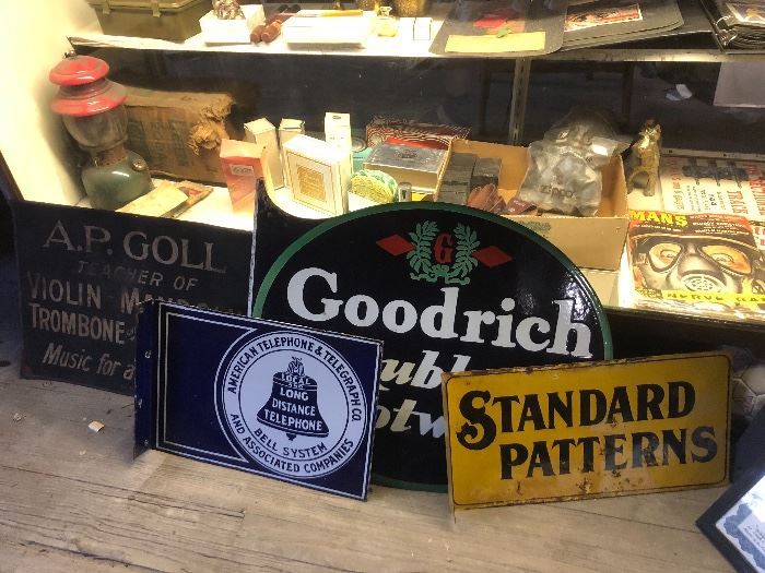 Vintage Goodrich metal flange double sided sign, American Telephone and Telegraph porcelain flange double sided sign,