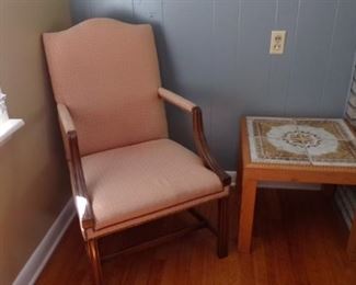 1 of the 2 neutral color matching Chairs, occasional tile top Table