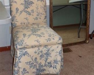 blue/white Boudoir Chair, medium size hanging Mirror