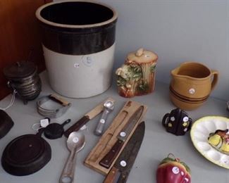 #5 Crock, Cast iron Skillets, and more