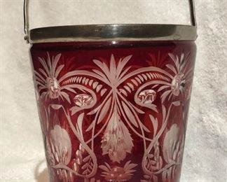ANTIQUE CUT TO CLEAR RUBY GLASS ICE BUCKET