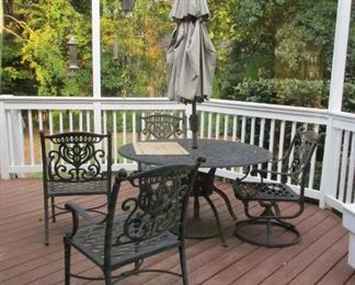 aluminum outdoor table, chairs, umbrella
