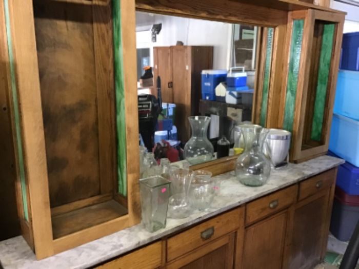 . . . this a great view of the pharmacy/soda fountain wall unit -- what a find!! Mirror is in great shape, marble is perfect, and leaded glass really makes it pop!