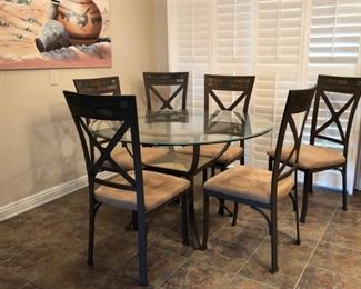 48" Round Beveled Glass-top/Wrought Iron w/ Tile Inset Table, 6 Wrought Iron w/ Tile Inset Chairs