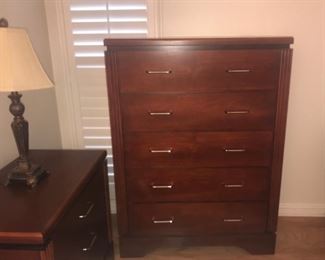 5-drawer Highboy shown with 1 of 2 matching nightstands. 1 of 2 matching lamps.