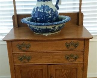 Antique oak wash stand and  beautiful pitcher and basin