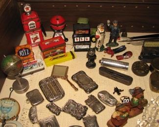 Tin litho banks and toys, sterling silver lighter shells, bronze medals & medallions