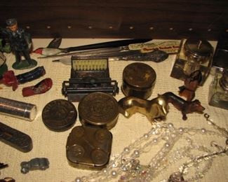 Vintage brass boxes, pens, inkwells, toys