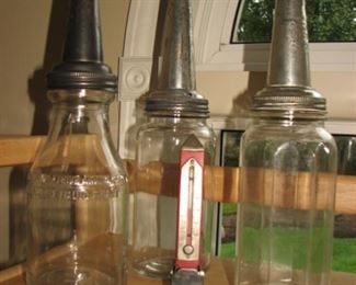vintage oil bottles with metal master spouts & dust caps