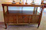 Solid walnut buffet server with bottom storage, shelf and double sliding top for extra serving space by Drexel.