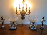 Pair of vintage cut crystal fruit/display bowls on marble & metal bases. Made in Italy. Matching candle sticks. Lighted coordinating wall sconce.