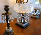 Pair of vintage cut crystal fruit/display bowls on marble & metal bases. Made in Italy. Matching candle sticks.