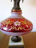Extra large ruby red glass table lamp. Frosted and hand painted. Brass/marble base ... Barvaria or Czech.