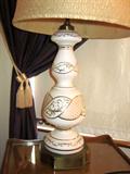 Pair of white glass, gold decorated, brass base table lamps.