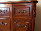 Vintage (1930's or 40's) Dark Walnut high-boy chest, 10-drawers, double bow front, original brass hardware, relief carved, custom cut glass top.