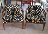Drexel solid walnut armchairs, black/ivory cut velour upholstery, removable back cushion. Each chair has damage on one arm.