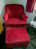 Red velour arm chair, tufted back, with matching ottoman