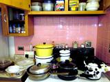 Vintage cookware: Enamel, T-fal, WearEver, etc. Pyrex, Fire King, Corning ovenware.