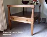Pair of solid walnut end tables - bottom shelf and drawer by Drexel.