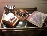 Smoky glass top end table, wood and goldtone metal frame.
Pipes have all been sold.