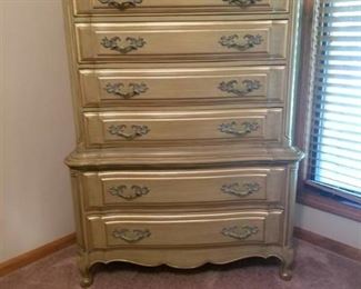 Continental Furniture Company French Style Vintage French Provincial  6 Drawer Chest of Drawers w/ Glass Top