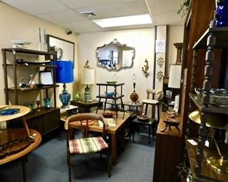 mid century modern, shelving, chairs, coffee table, lamps, vintage