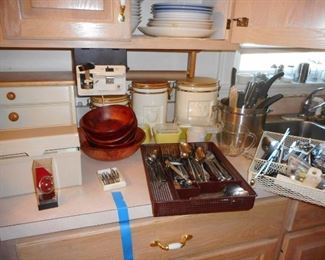 Bread Box, Pyrex refrigerator Dishes , Flatware
