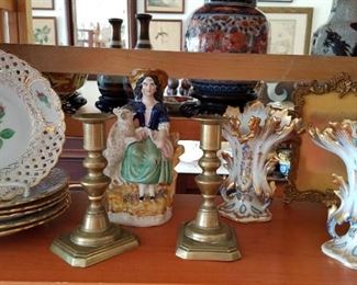 Old Paris vases, push up candlesticks, Staffordshire figure