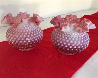 Ruffled Cranberry Fenton Hobnail Vases