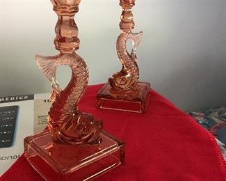 Salmon/Pink Colored Vintage Fish Candlesticks