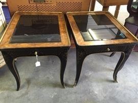 DREXEL, PAIR OF CHINOISERIE END TABLES HAND PAINTED, BRASS TRIM , WITH A DRAWER $ 225.00