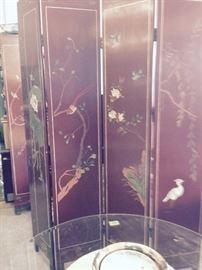 HAND PAINTED AND CARVED ASIAN SCREENS, 4 PANELS EACH, WITH BIRDS ON BRANCHES AND FLOWERS $ 150.00 EACH $ 250 pair