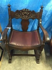 VICTORIAN WALNUT 1890'S CARVED NORTH MAN WIND FACE CHAIR, NEW LEATHER SEAT WITH BRASS NAIL HEADS. VERY COMFORTABLE, PRISTINE CONDITION $ 325.00 FIRM