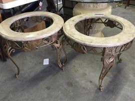 PAIR OF GLASS AND IRON TABLES, PAINTED GOLD , WITH FAUX MARBLE TOPS $ 80.00