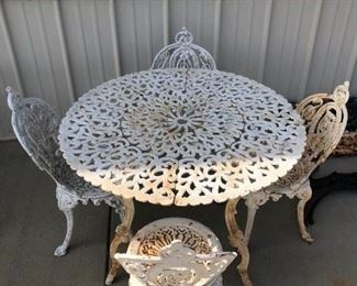 FIVE VICTORIAN HEAVY CAST IRON CHAIRS $ 750.00 SET, CAST IRON TABLE SOLD SEPERATE