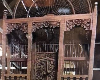 UNIQUE HAND CARVED WOOD , BIRD CAGE, RARE FIND $ 350.00